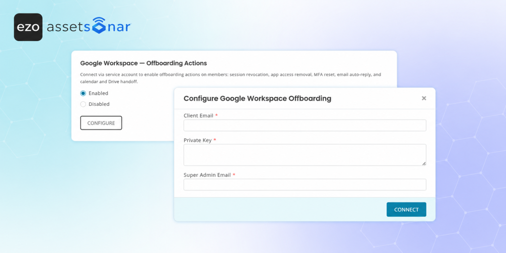 AssetSonar Google Workspace Offboarding Actions settings with Client Email, Private Key, and Super Admin Email configuration