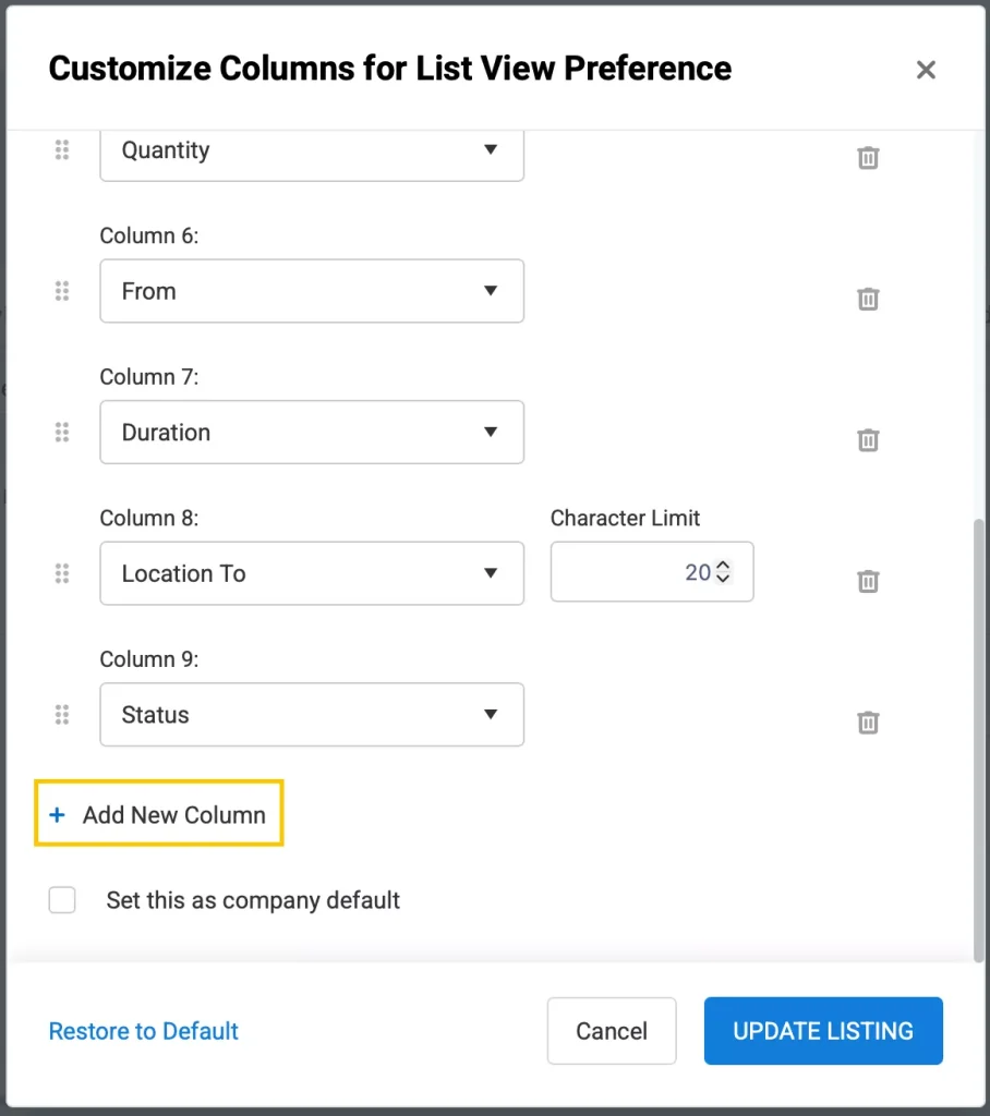 Customize Columns for List View Preference pop-up showing the + Add New Column button.