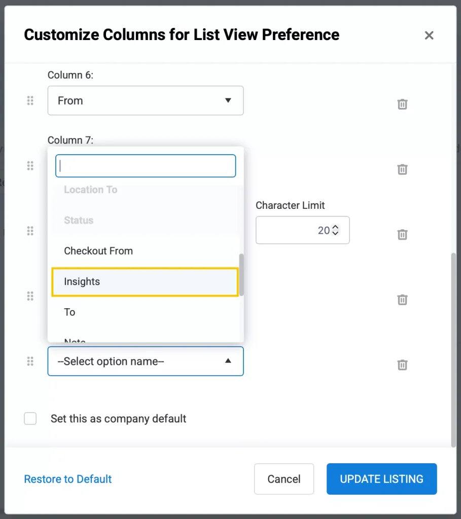 Customize Columns for List View Preference pop-up showing Insights column.