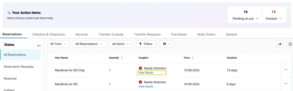Fulfillment center page showing the View Details button in the Insights column.
