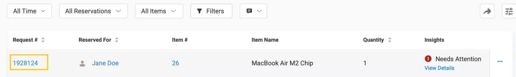 Fulfillment Center showing the request number of the request.