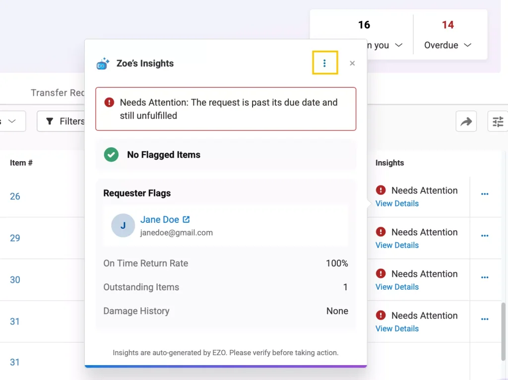Zoe's insights pop-up showing the more options icon.