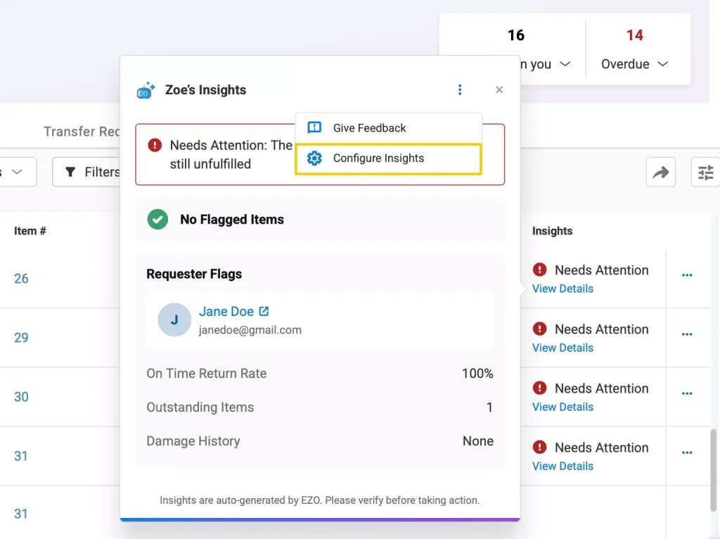 Zoe's insights pop-up showing the Configure Insights button.