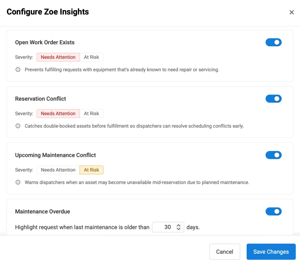Configure Zoe Insights pop-up showing the available insights.