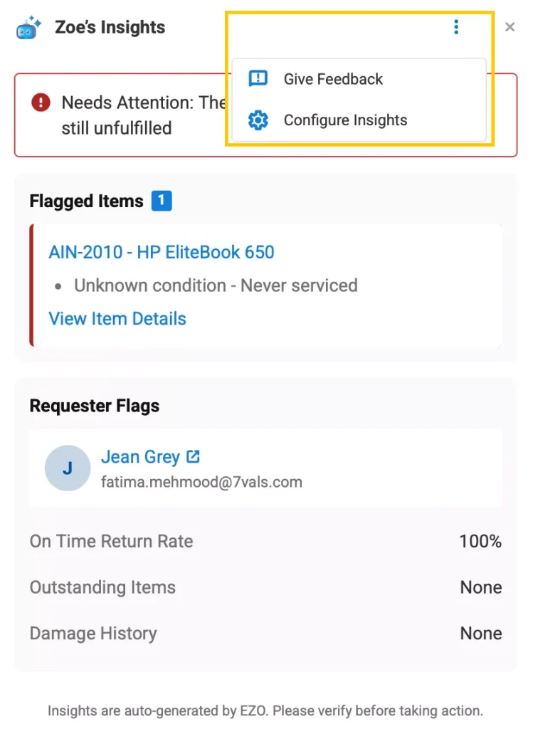 Zoe Insights pop-up showing the give feedback button.