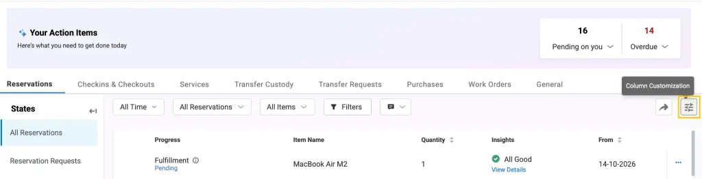 Fulfillment Center page showing the Column Customization button.
