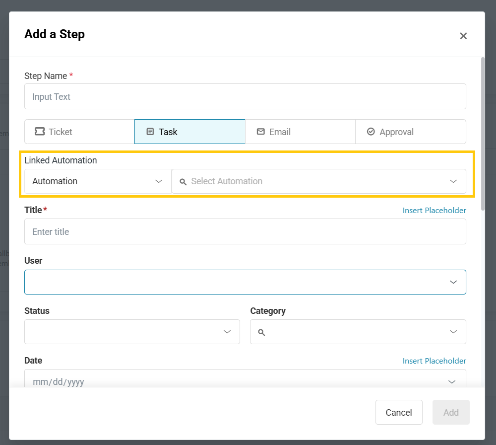 AssetSonar onboarding task configuration showing the Linked Automation selector