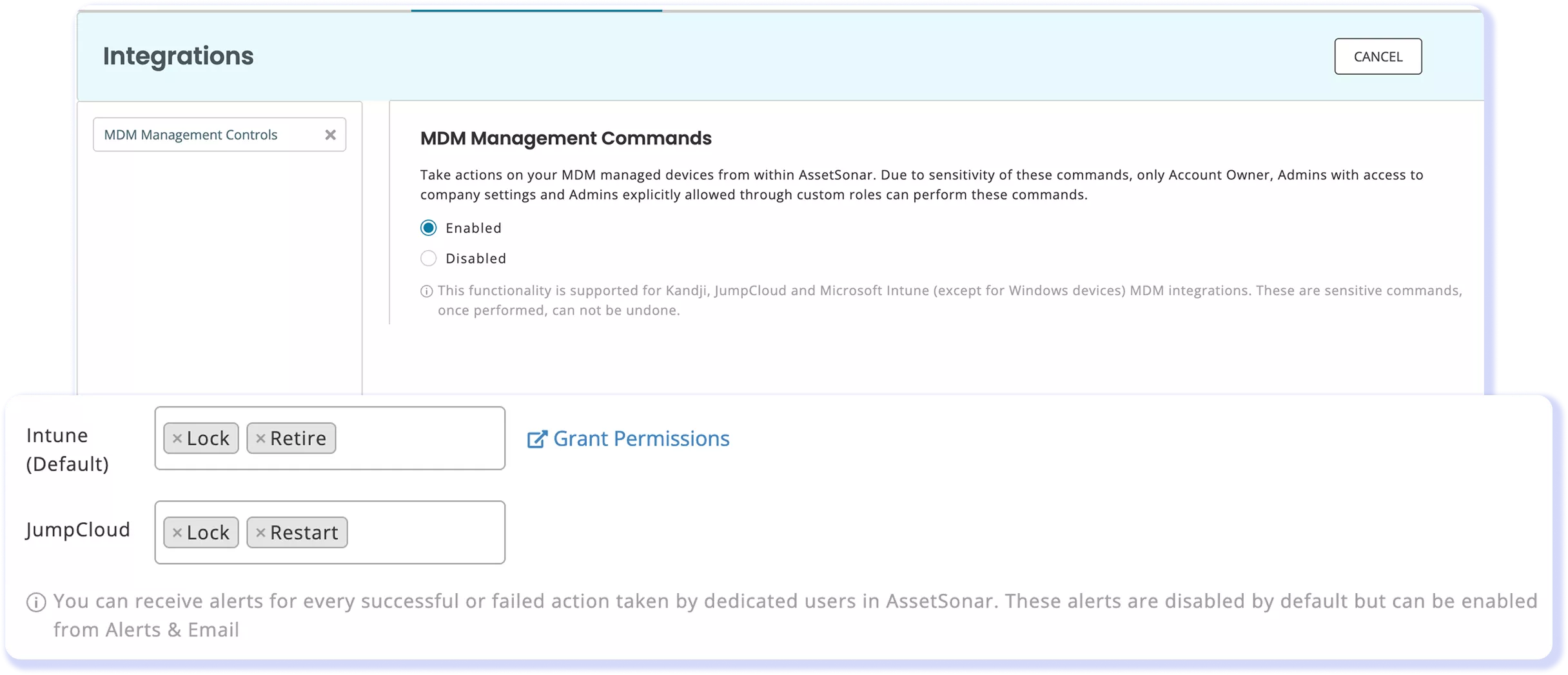 MDM command settings showing Lock and Retire permissions for connected devices