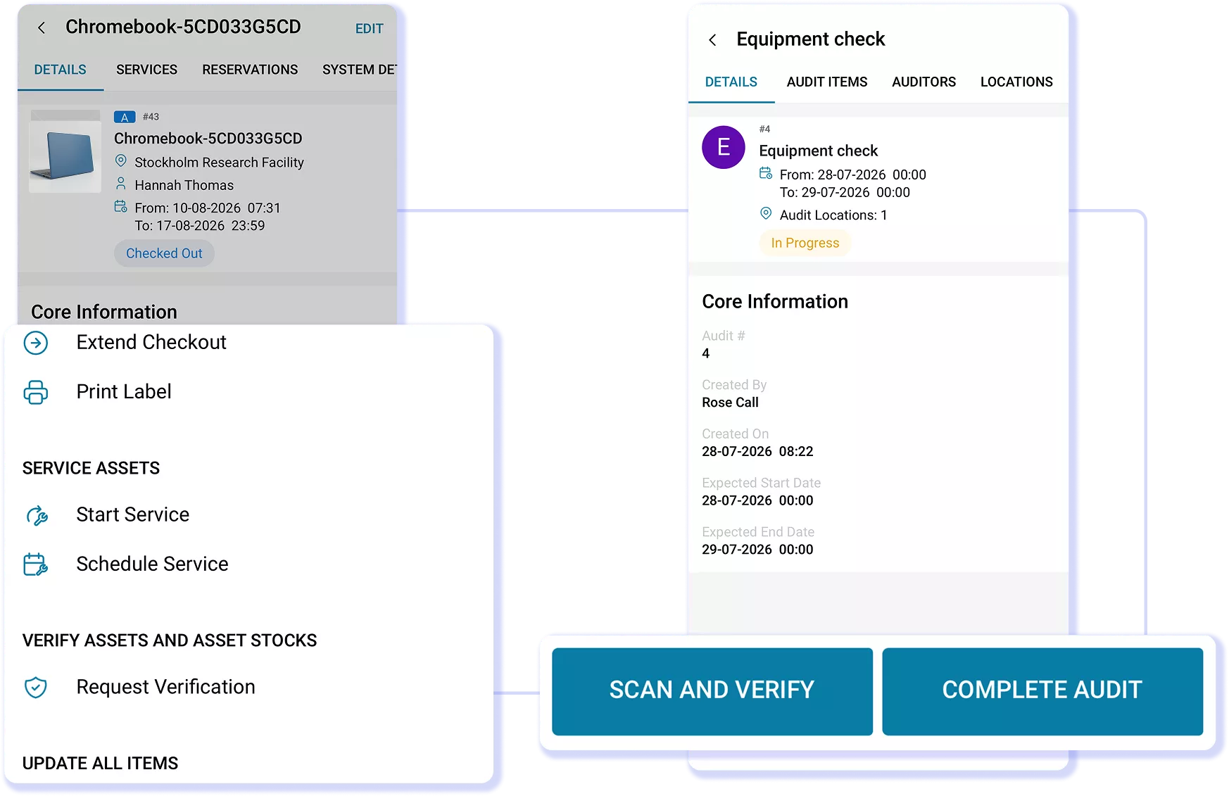Chromebook checkout details and equipment audit screen with scan/verify buttons in AssetSonar mobile app.