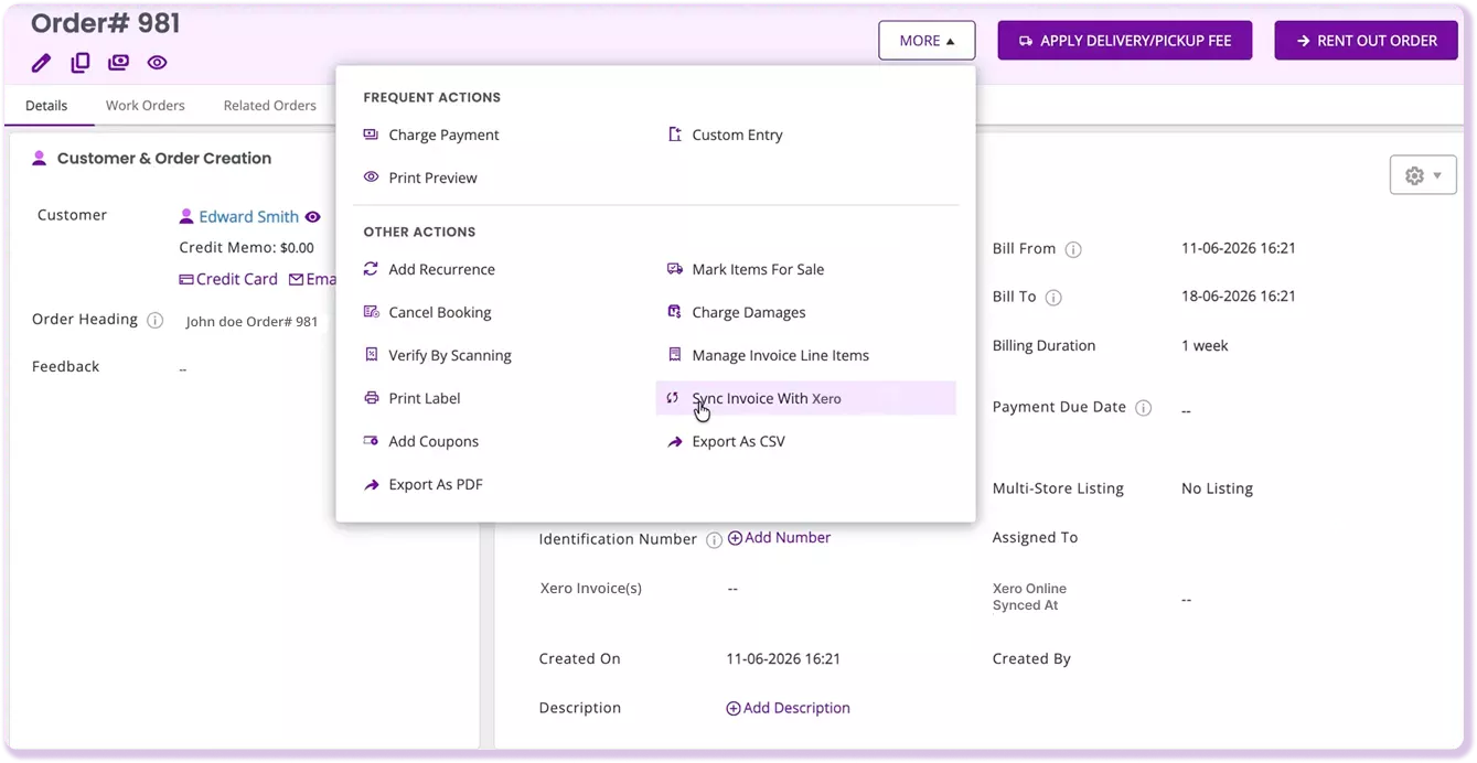EZRentOut rental order mapped to a Xero invoice in Sales Overview by selected order state