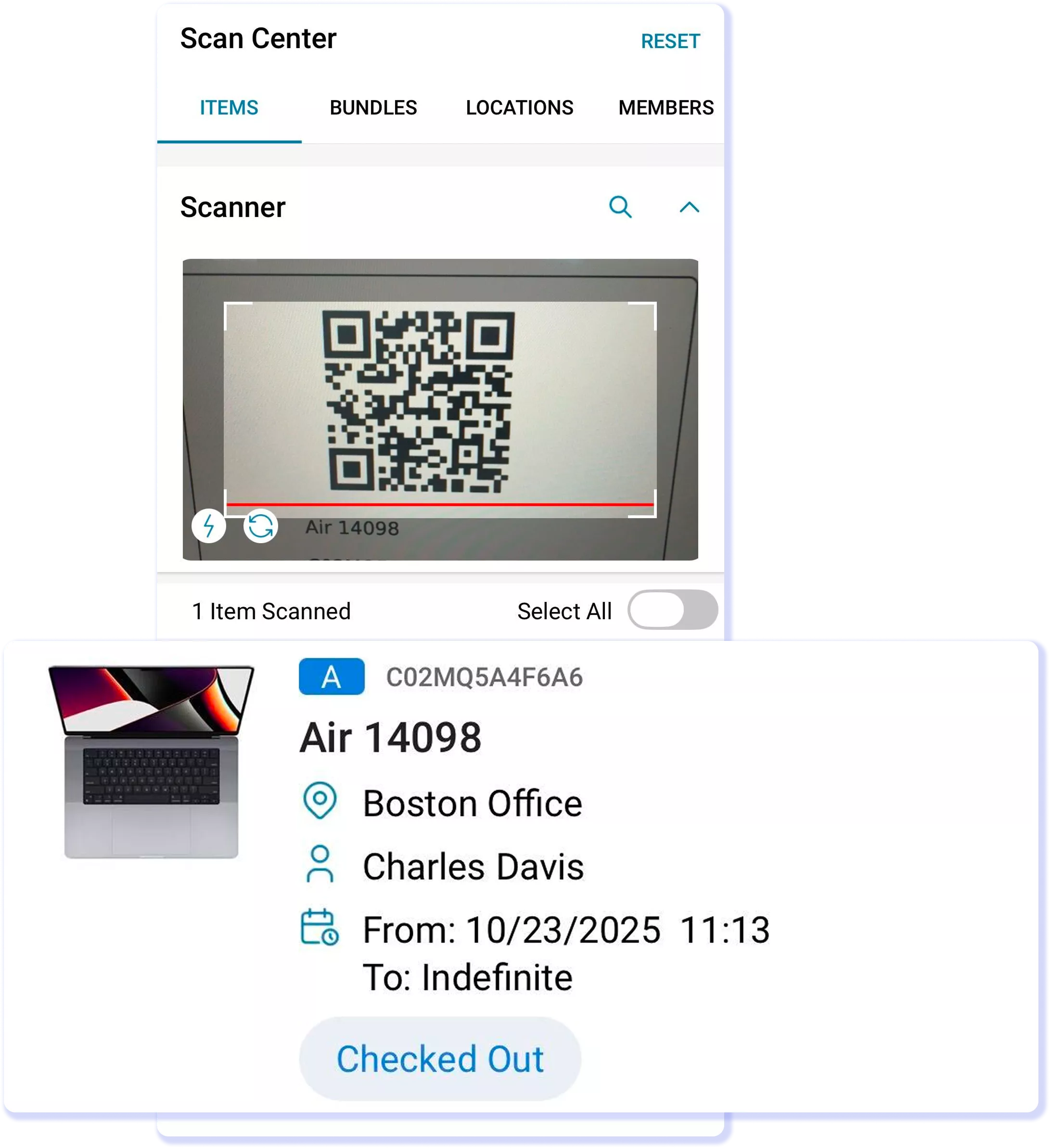 AssetSonar mobile app scanning a checked-out laptop and its custody details