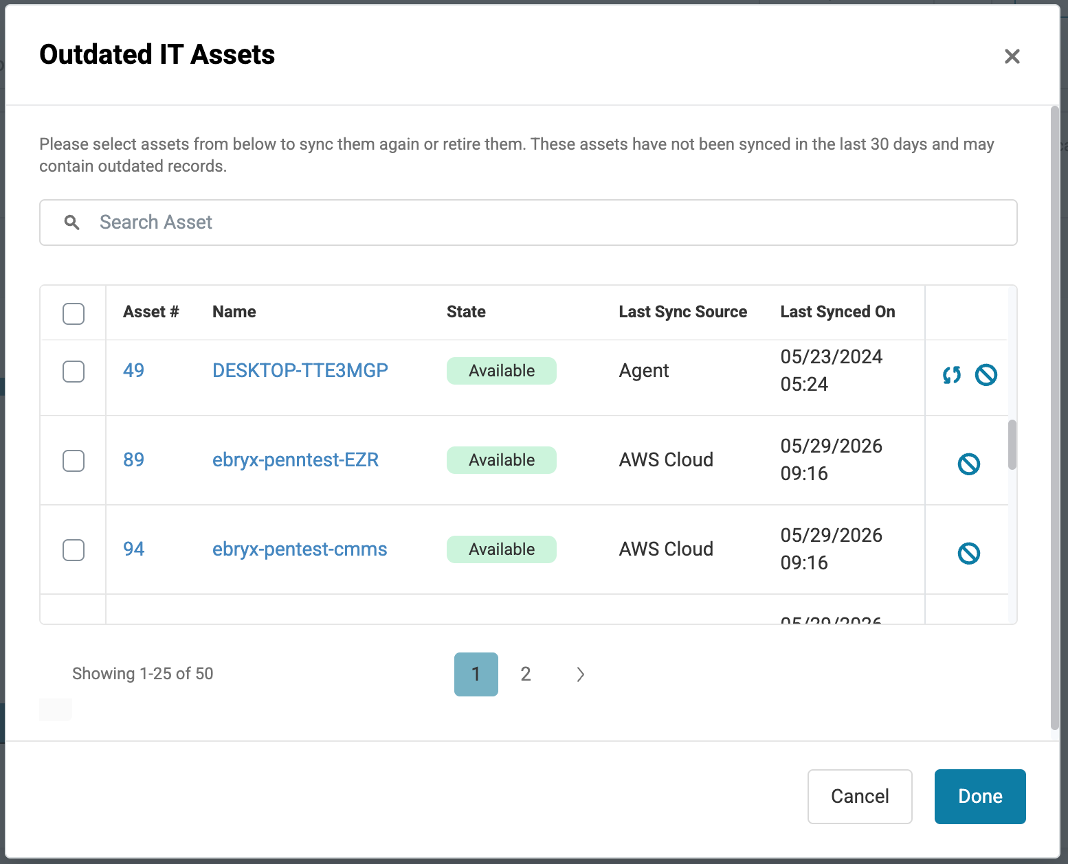 AssetSonar Outdated IT Assets window showing assets that have not synced within the last 30 days