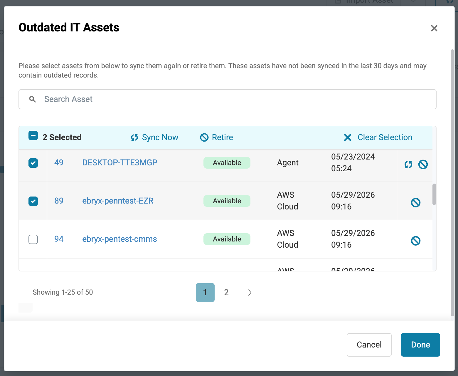 AssetSonar Outdated IT Assets window with bulk Sync Now and Retire actions