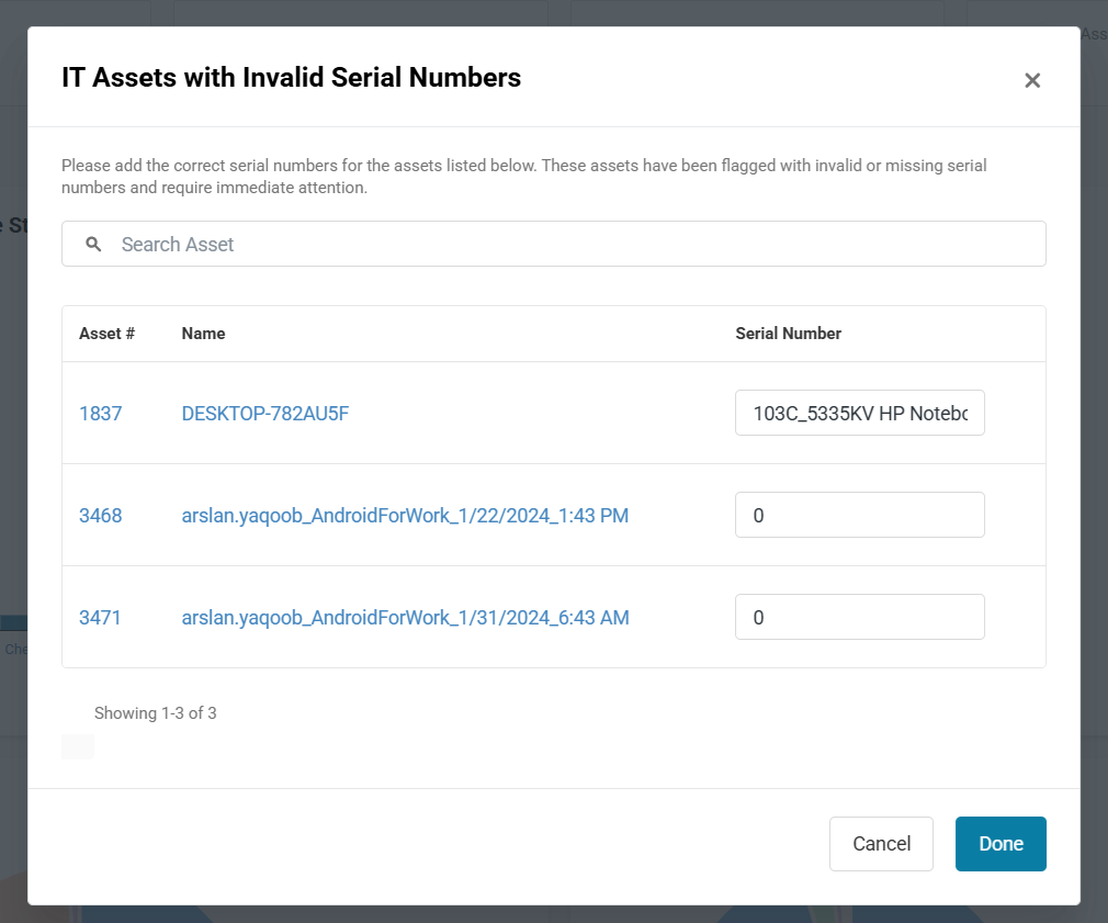 AssetSonar IT Assets with Invalid Serial Numbers window for correcting asset serial numbers
