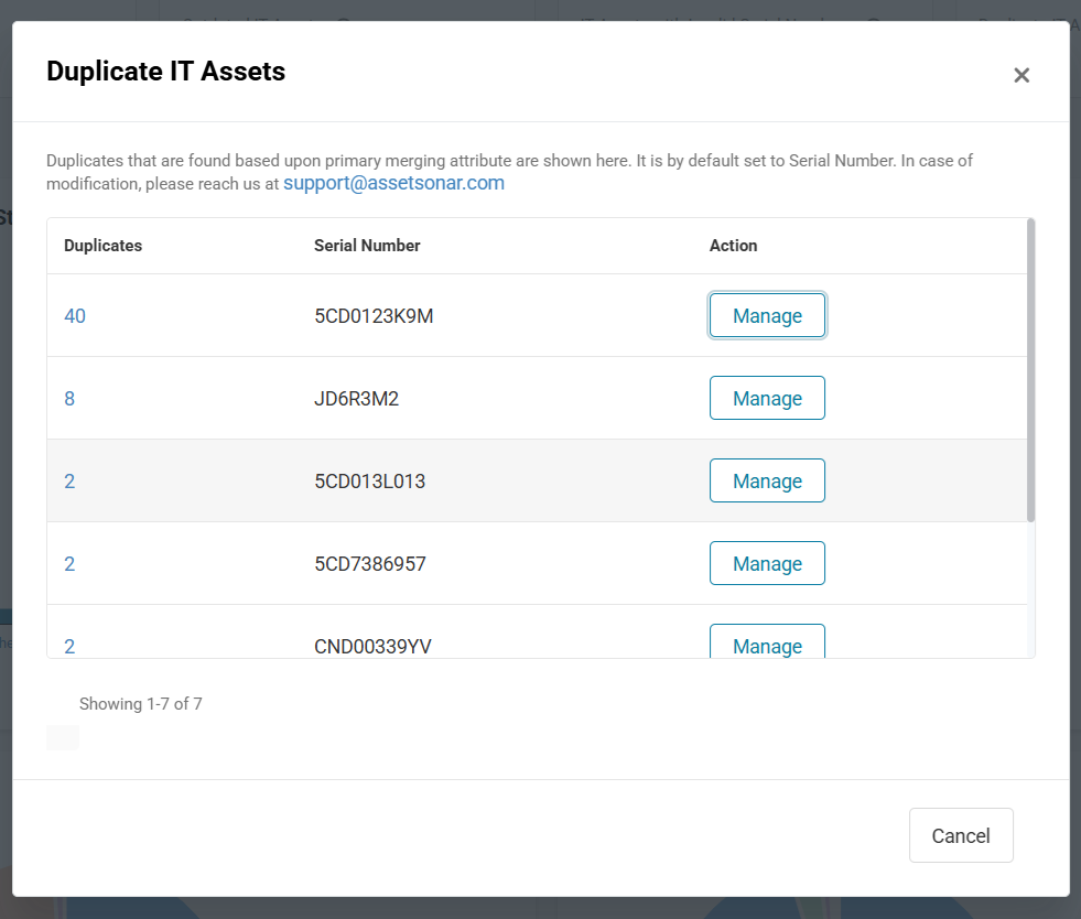 AssetSonar Duplicate IT Assets window showing duplicate records grouped by BIOS serial number