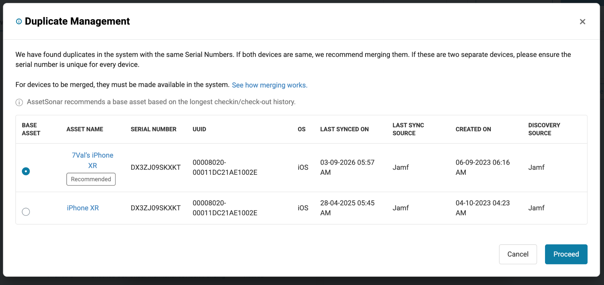 AssetSonar Duplicate Management window for selecting a base asset and merging duplicate IT asset records