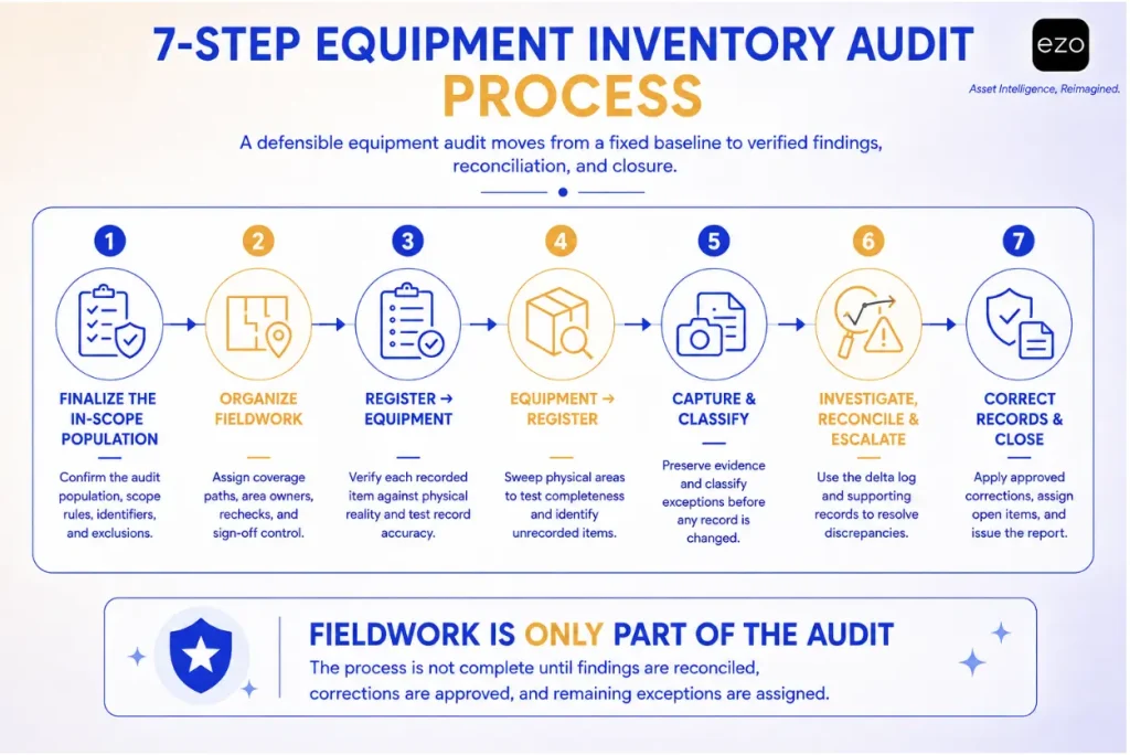7-step equipment inventory audit process from in-scope population through reconciliation and closure.