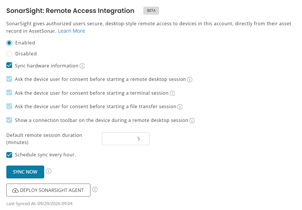 AssetSonar SonarSight settings for hardware syncing, user consent, session duration, and agent deployment