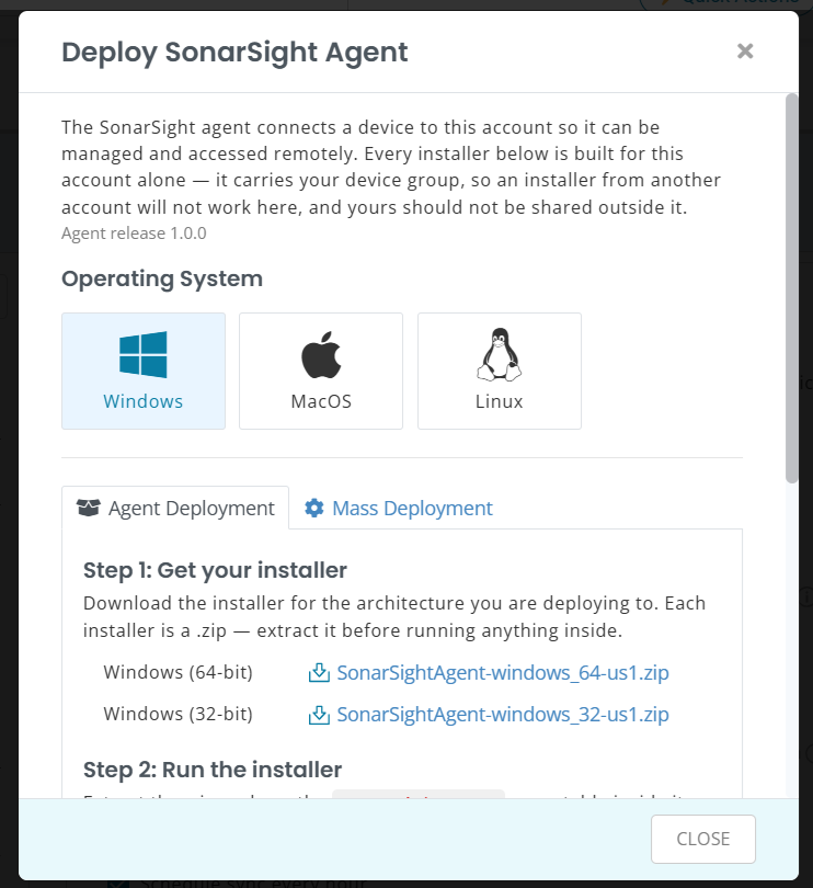 Deploy SonarSight Agent window with Windows, macOS, Linux, and mass deployment options