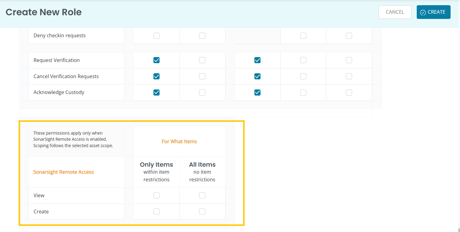 AssetSonar custom role settings showing View and Create permissions for SonarSight Remote Access