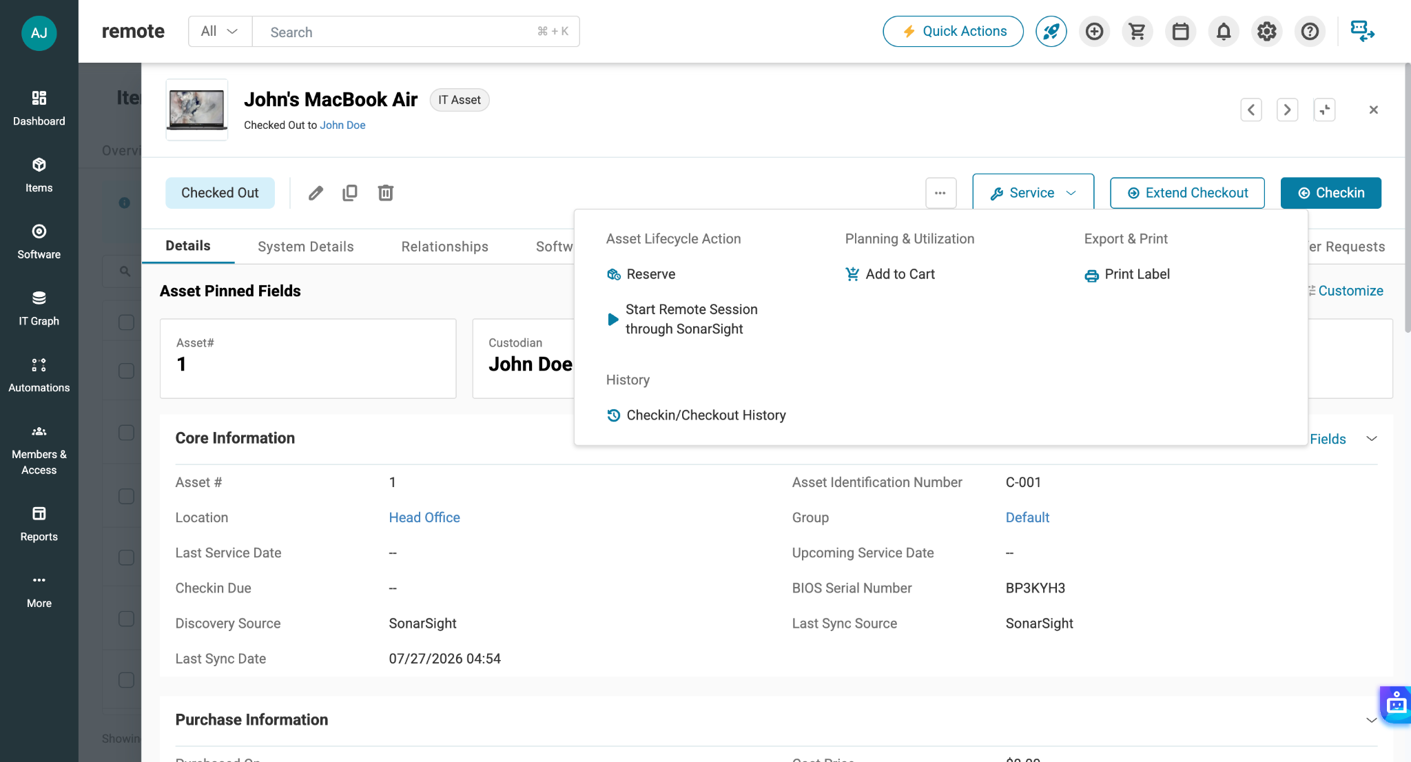 AssetSonar asset record showing the Start Remote Session through SonarSight action