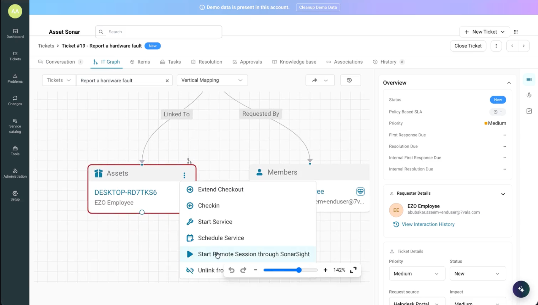 AssetSonar IT Graph showing the Start Remote Session through SonarSight action for a connected asset
