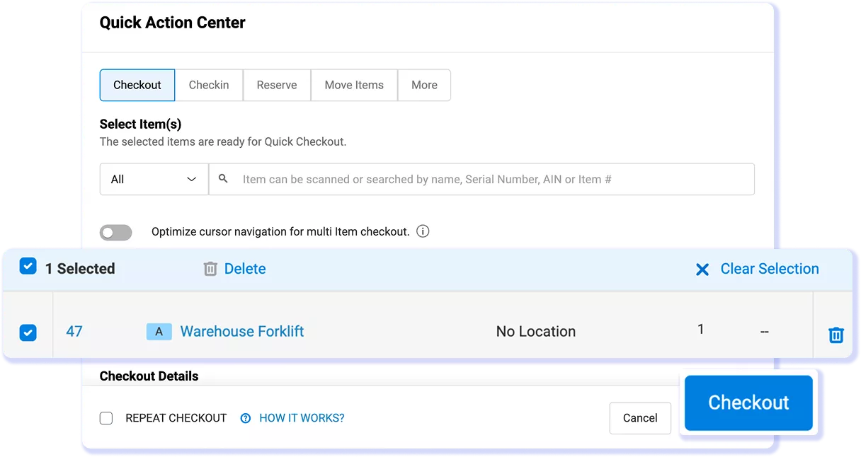 Warehouse equipment custody and transfers tracked across locations in EZO EAM.