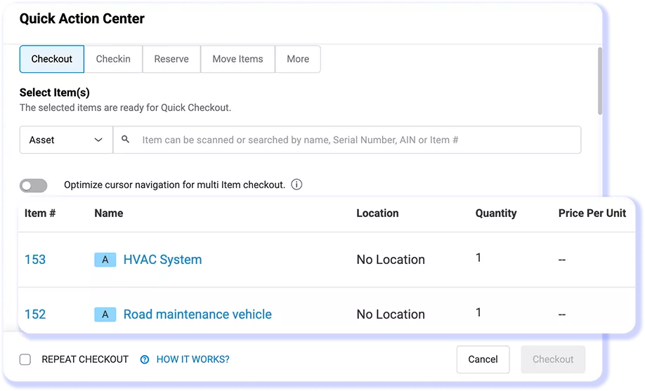 Government equipment custody and checkout records across teams and departments in EZO EAM