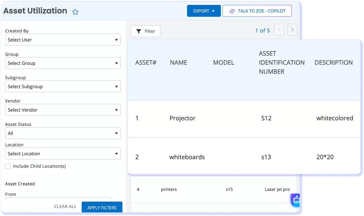 Asset utilization report for government assets in EZO EAM