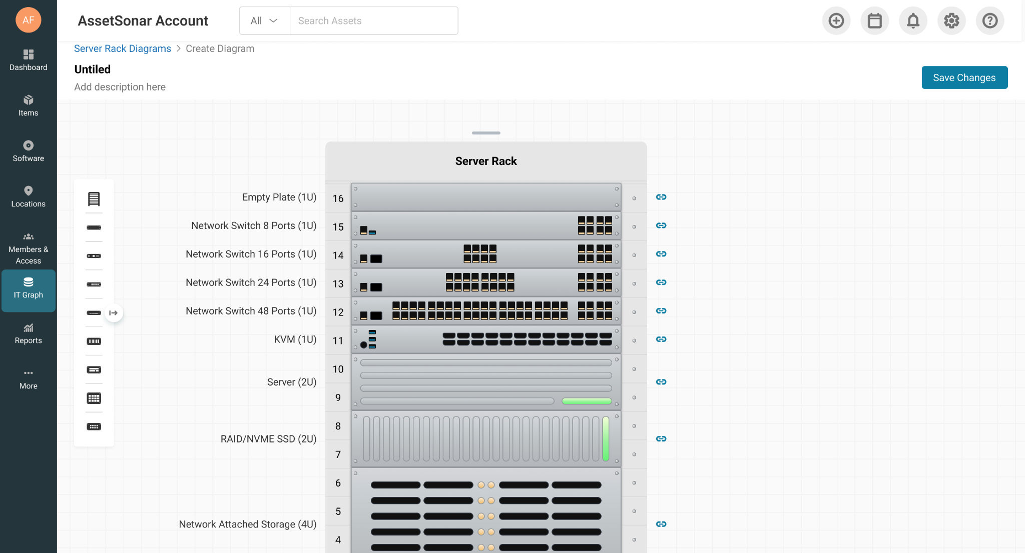 AssetSonar Server Rack Visualization canvas showing network switches, servers, storage, and UPS units positioned in rack U-slots