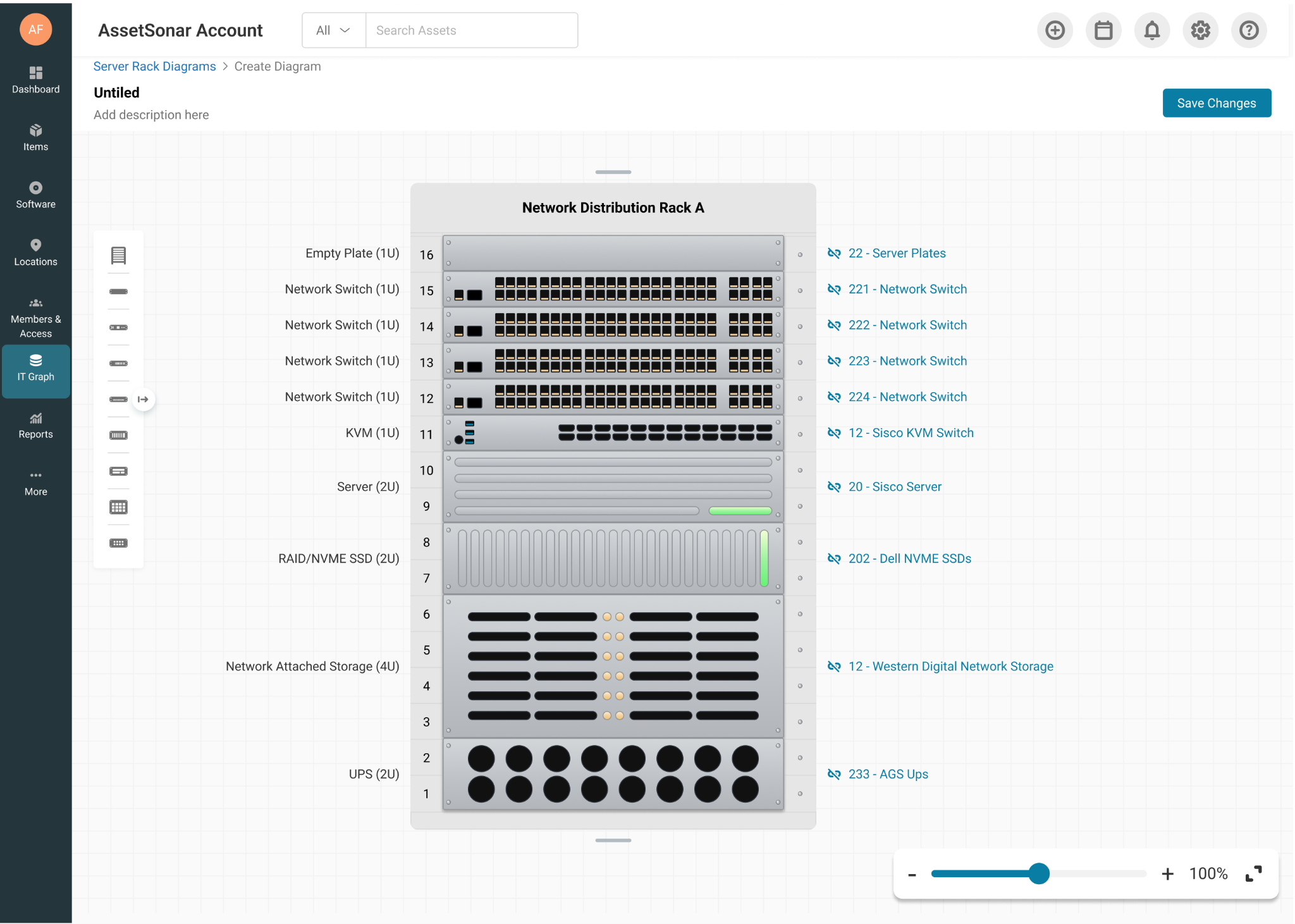 AssetSonar server rack diagram showing mapped infrastructure components and their U-position assignments