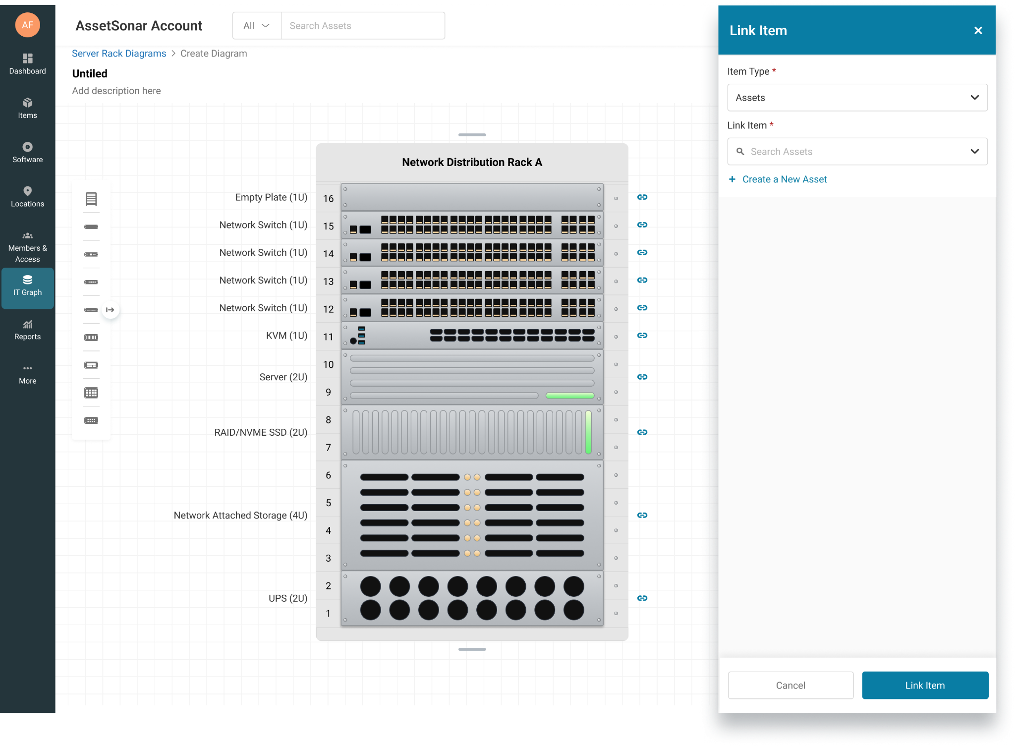 AssetSonar server rack diagram with the Link Item panel for configuring a rack component
