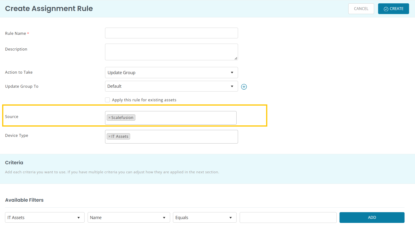 AssetSonar assignment rule for organizing devices imported from Scalefusion into groups