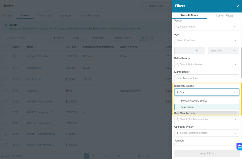 AssetSonar asset filters showing Scalefusion selected as the Discovery Source