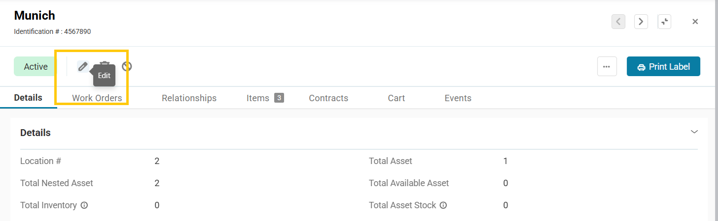 AssetSonar Location details page showing the Edit option