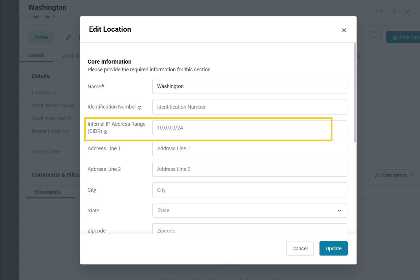 AssetSonar Edit Location window showing the Internal IP Address Range field in CIDR notation
