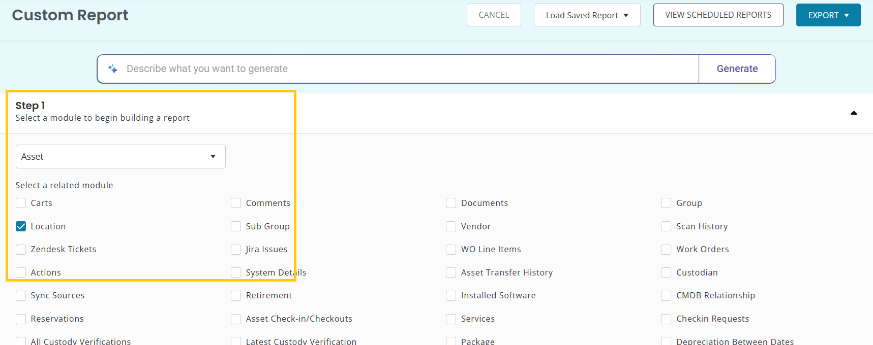AssetSonar Custom Report builder with Asset as the primary module and Location as a related module