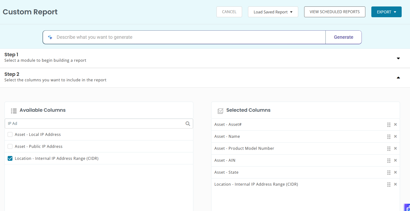 AssetSonar Custom Report showing Location - Internal IP Address Range (CIDR) as a selected column