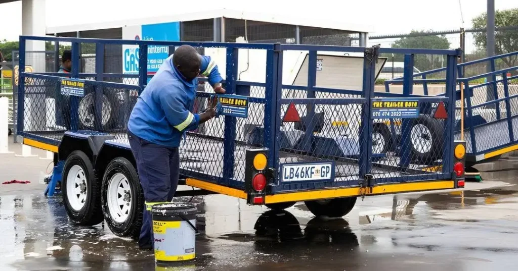 The Trailer Boys worker cleaning the trailer.