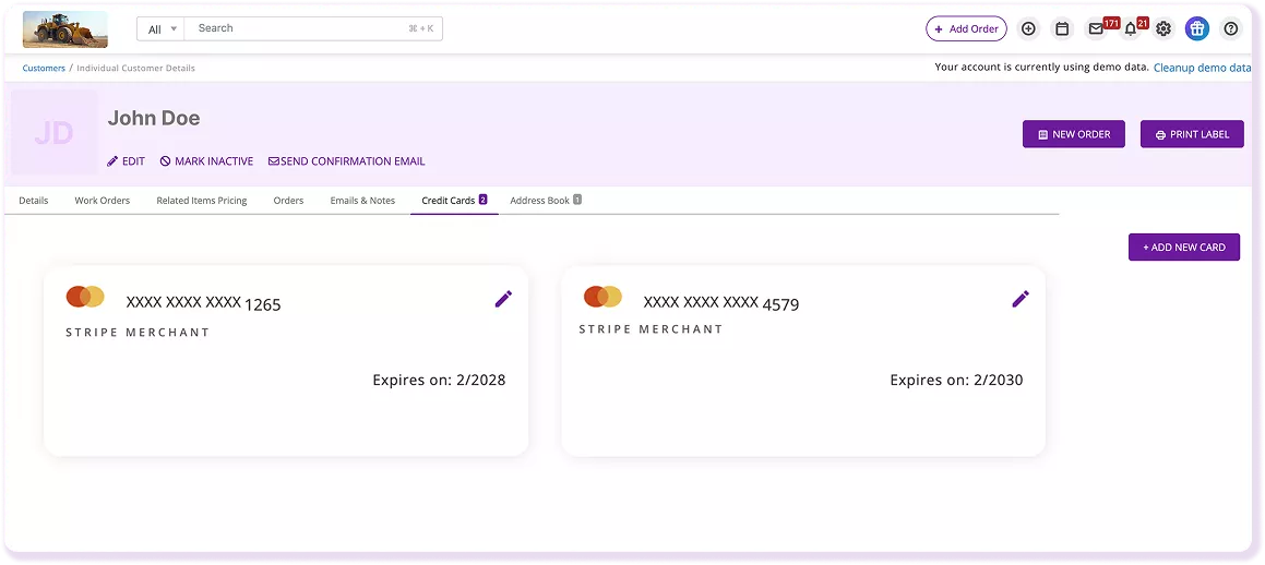 EZRentOut customer record showing a saved card ready to use for a future rental order.