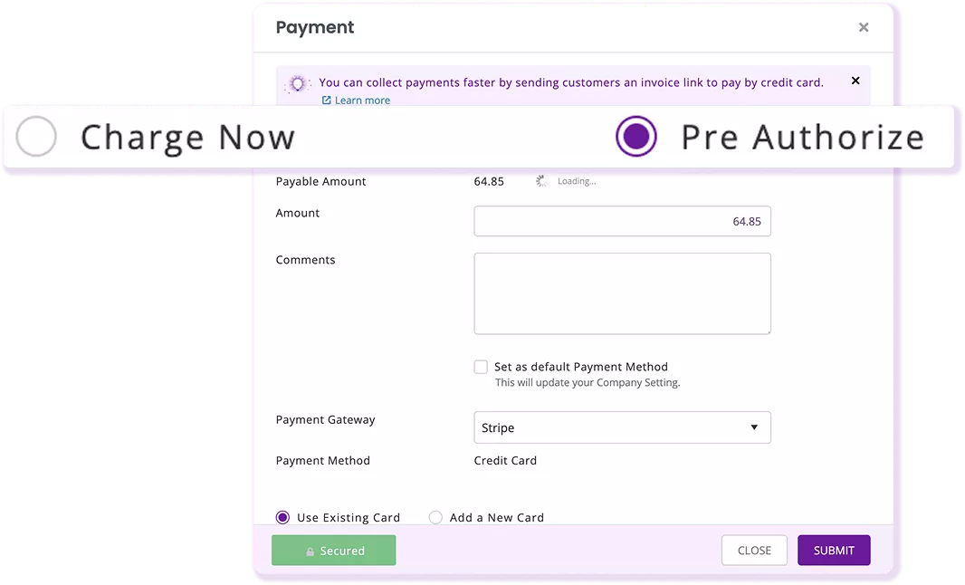 EZRentOut’s popup for a Stripe pre-authorization hold for a customer rental deposit.