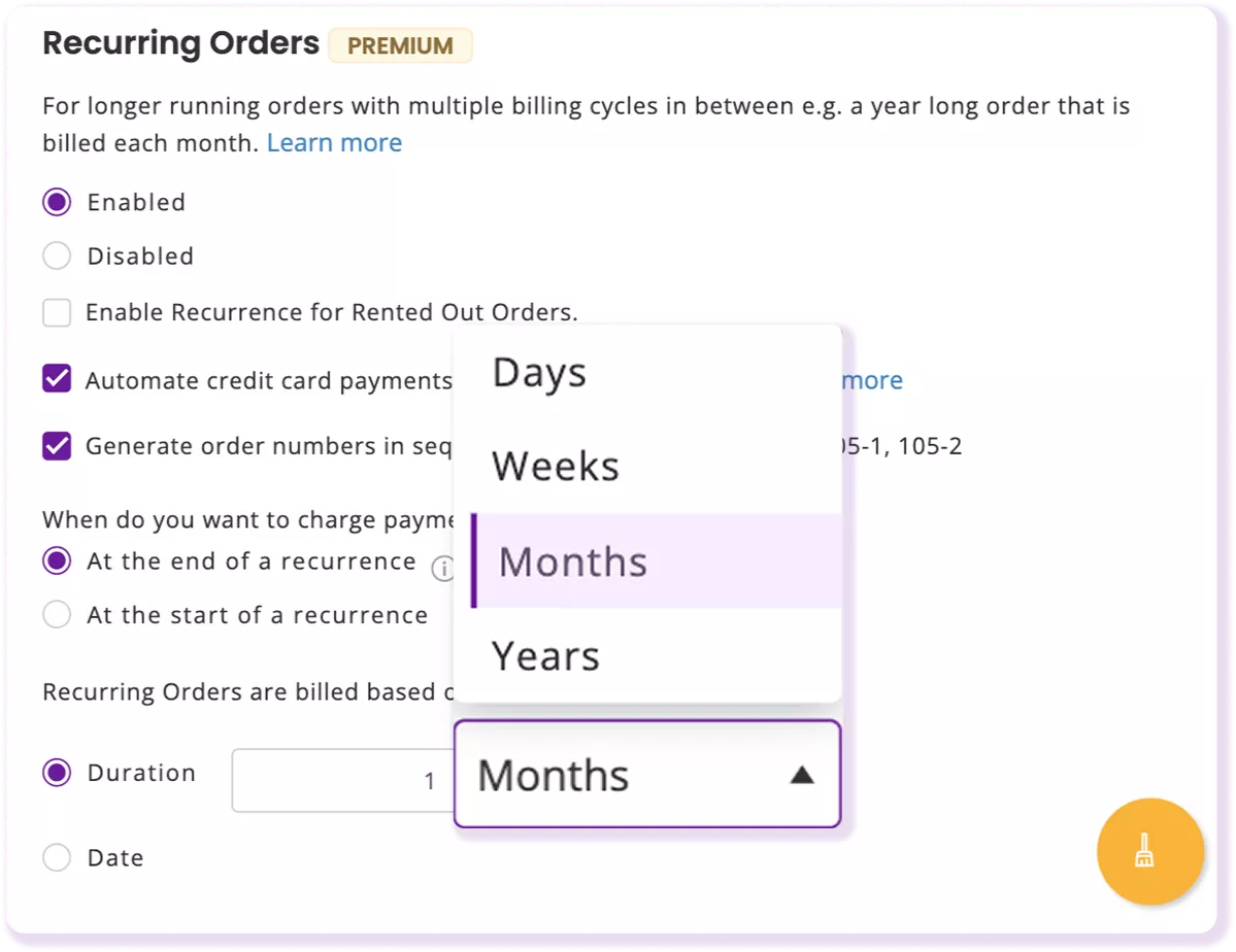 EZRentOut recurring order showing weekly, monthly, and custom billing cycles for long-term rentals.