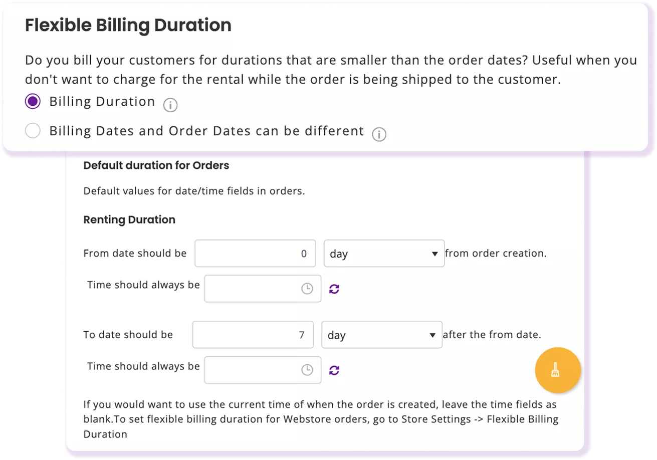 EZRentOut company settings showing flexible billing duration and default rental order dates.