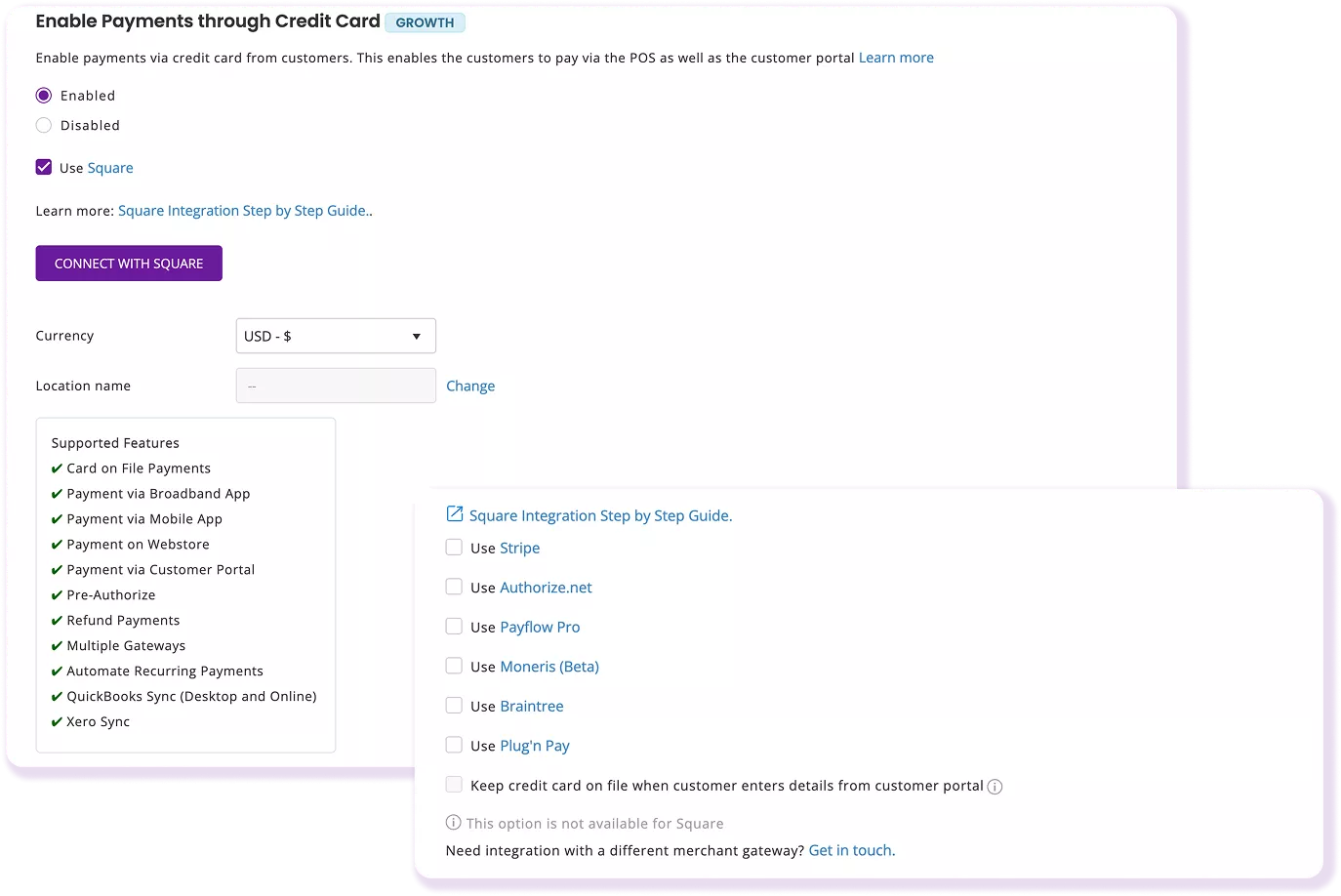 EZRentOut integration settings showing Square and other supported payment gateway options.
