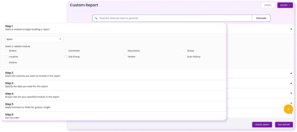 Custom report builder with module selection, columns, filters, grouping, and sorting options.
