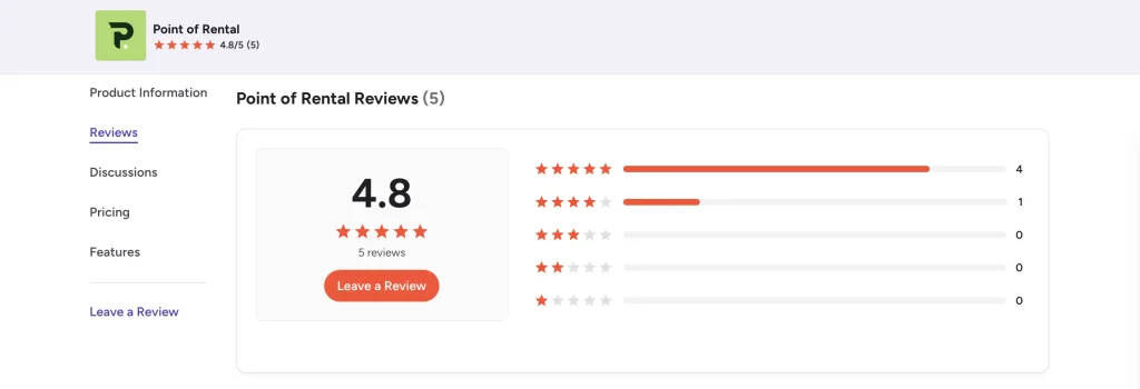 Point of Rental’s rating on G2.