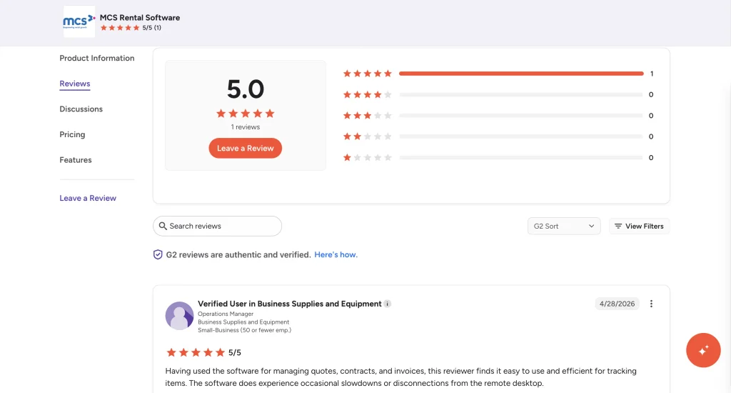 MCS Rental Software rating on G2.