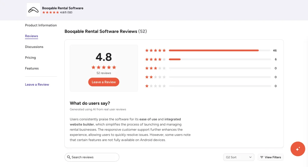 Booqable rating on G2.