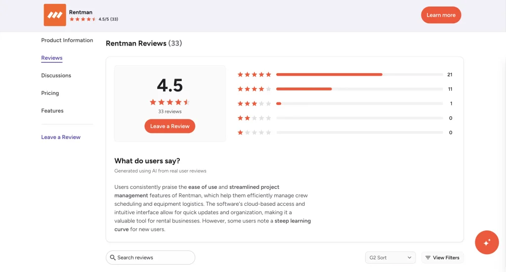Rentman ratings on G2.